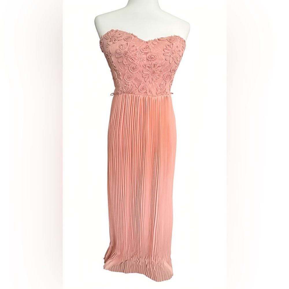Papaya Strapless Peach Chiffon Maxi Dress M Lace Appliqué Bodice, Pleated Skirt